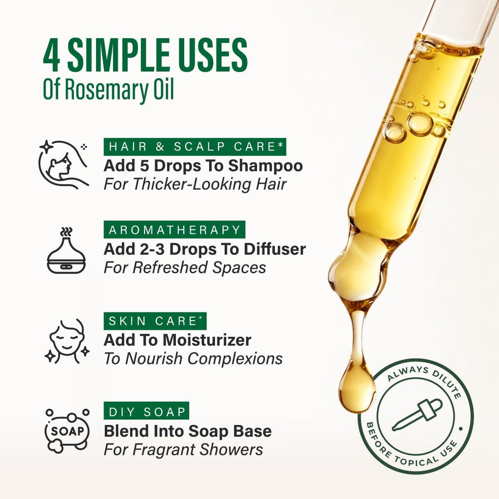 100% Pure Rosemary Oil - 4 Fl Oz Rosemary Essential Oil for Hair, Skin, Diffuser, Aromatherapy & DIY Soap Making Scent | Scalp and Skin Care, Organic, Steam Distilled Spanish, GC/MS Tested, Glass Bottle, for Diffuser, Aromatherapy, 3-6 Mo Supply