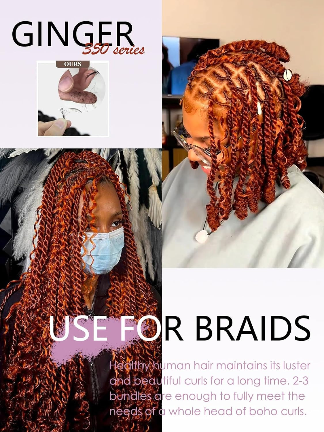 Deep Wave Bulk Hair for Boho Braids, 18" Ginger Orange | 95G Double Machine Weft, 100% Virgin Brazilian Remy, #350 Ginger Orange, Natural Curly Wave, Soft, No Chemical, Tangle-Free