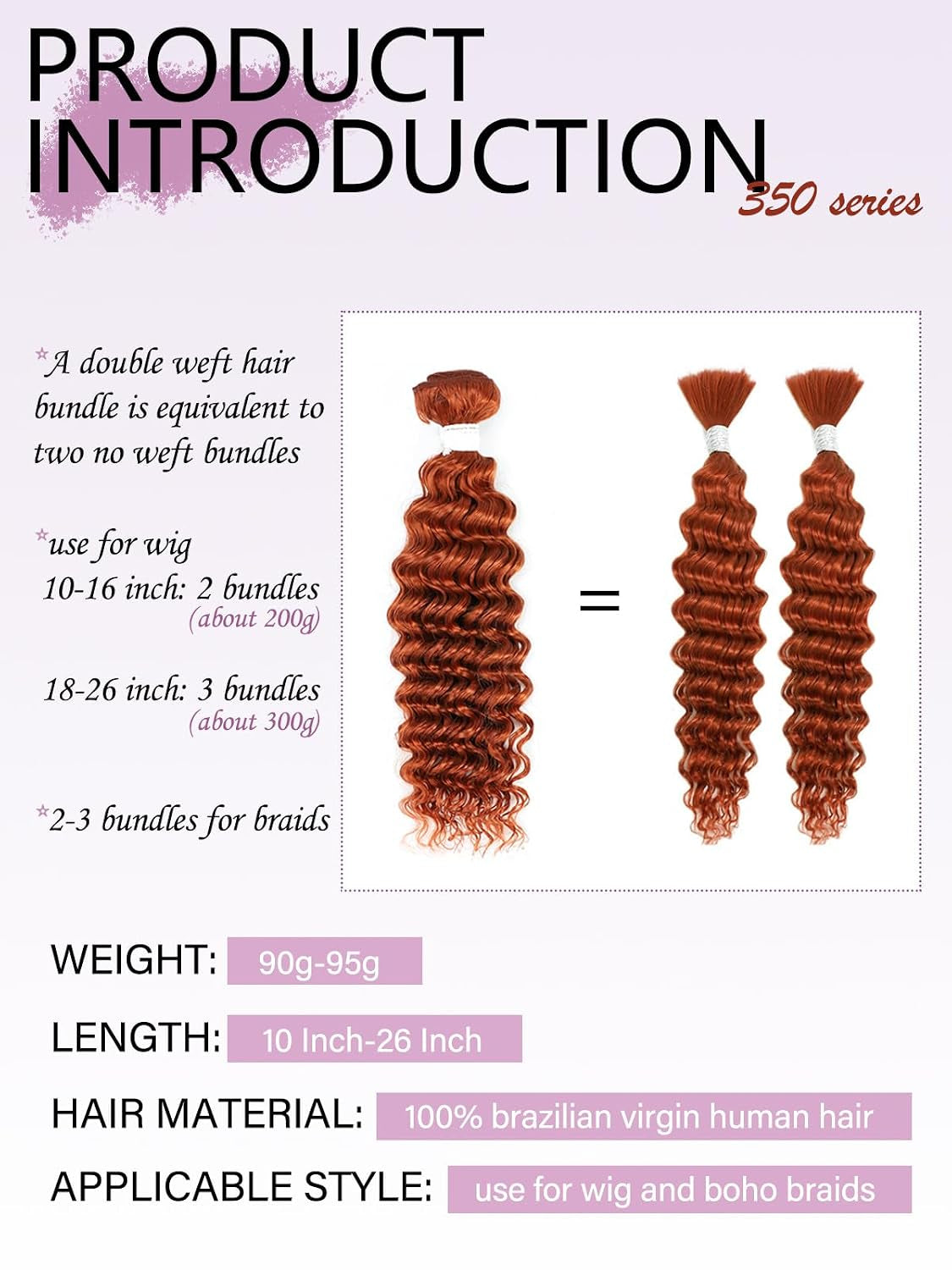 Deep Wave Bulk Hair for Boho Braids, 18" Ginger Orange | 95G Double Machine Weft, 100% Virgin Brazilian Remy, #350 Ginger Orange, Natural Curly Wave, Soft, No Chemical, Tangle-Free