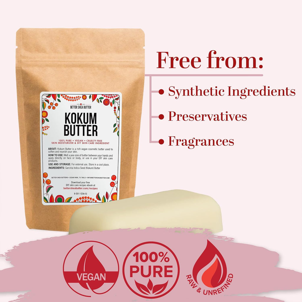 Raw Kokum Butter Unrefined - Body Butter Bar for Soap Making and DIY Skin and Hair Care Products - Pure, Unscented Moisturizer for Lotion Base - 8 Oz Block