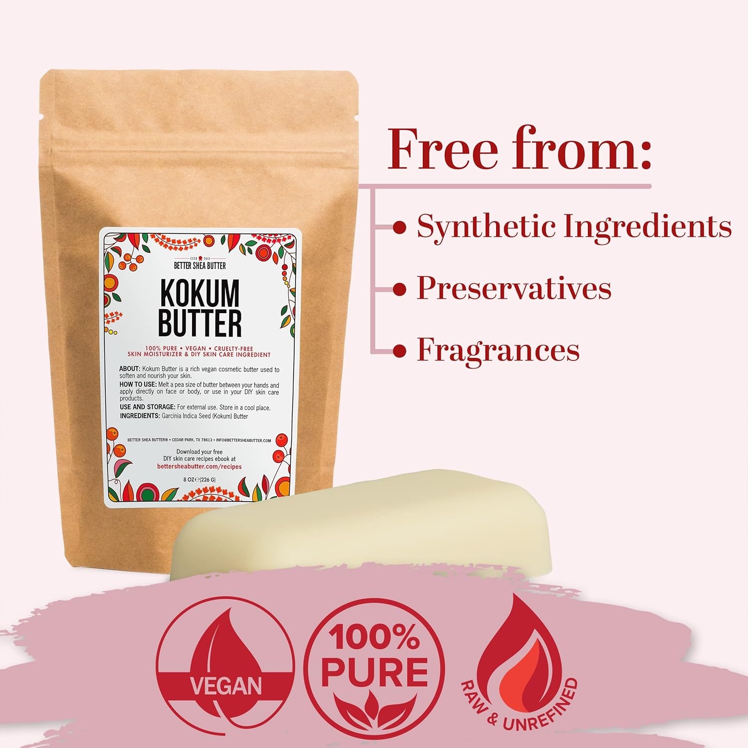 Raw Kokum Butter Unrefined - Body Butter Bar for Soap Making and DIY Skin and Hair Care Products - Pure, Unscented Moisturizer for Lotion Base - 8 Oz Block