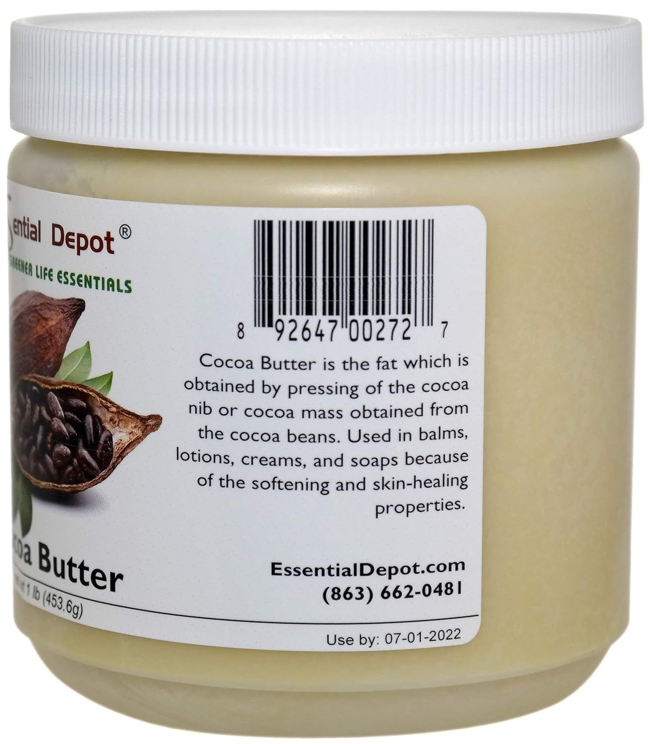 Cocoa Butter - Kosher - Raw - Unrefined - Natural Cocoa Scent - 1 Lb - Used in Creams, Lotions, Balms, Body Butters and Many Other Skin Care Products - Safety Sealed HDPE Container with Resealable Cap