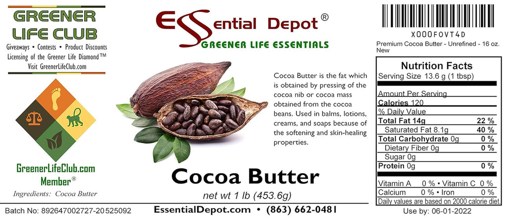 Cocoa Butter - Kosher - Raw - Unrefined - Natural Cocoa Scent - 1 Lb - Used in Creams, Lotions, Balms, Body Butters and Many Other Skin Care Products - Safety Sealed HDPE Container with Resealable Cap