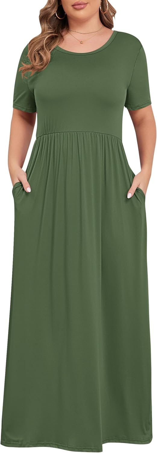Chic and Comfortable Plus Size Maxi Dress for Women - Short Sleeve, Round Neck, and Pockets