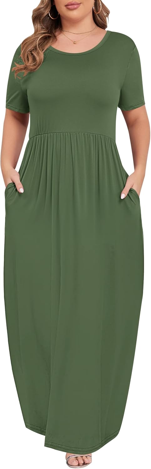 Chic and Comfortable Plus Size Maxi Dress for Women - Short Sleeve, Round Neck, and Pockets