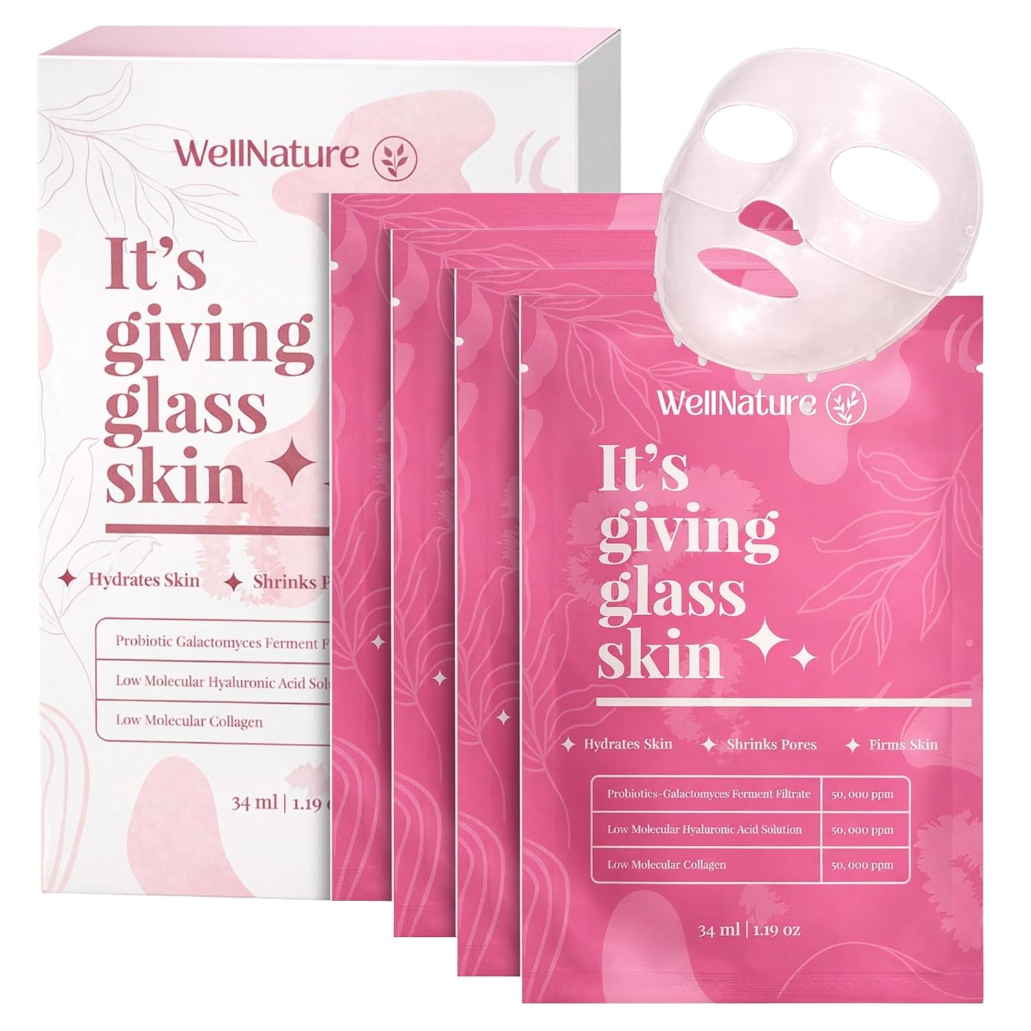 Wellnature Bio-Collagen Overnight Face Mask, Hydrogel Sleeping Mask, Deep Hydration, Oligo Hyaluronic Acid, Glass Skin Treatment, Transparent Mask Skincare Gift Set, Pack of 4
