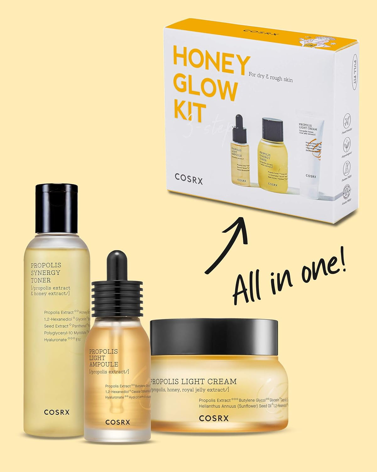 Revitalize Your Skin with the Honey Glow Kit: Propolis Toner, Serum & Cream - Travel-Friendly 3 Piece Set for Deep Hydration and Nourishment