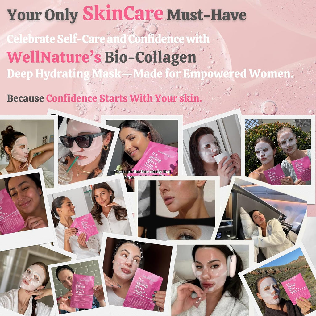 Wellnature Bio-Collagen Overnight Face Mask, Hydrogel Sleeping Mask, Deep Hydration, Oligo Hyaluronic Acid, Glass Skin Treatment, Transparent Mask Skincare Gift Set, Pack of 4