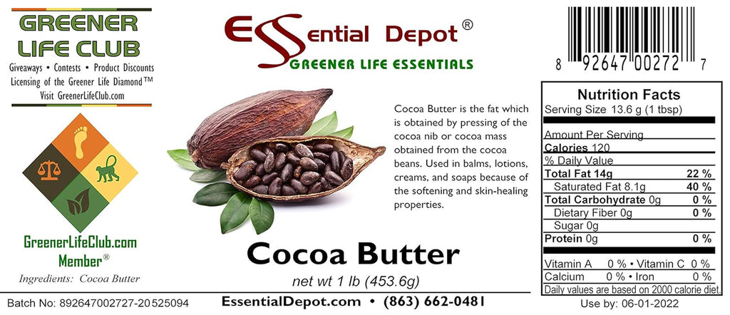 Cocoa Butter - Kosher - Raw - Unrefined - Natural Cocoa Scent - 1 Lb - Used in Creams, Lotions, Balms, Body Butters and Many Other Skin Care Products - Safety Sealed HDPE Container with Resealable Cap