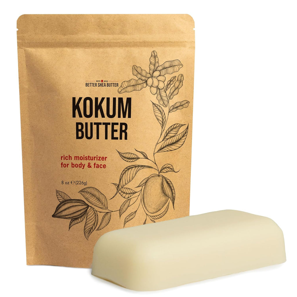 Raw Kokum Butter Unrefined - Body Butter Bar for Soap Making and DIY Skin and Hair Care Products - Pure, Unscented Moisturizer for Lotion Base - 8 Oz Block