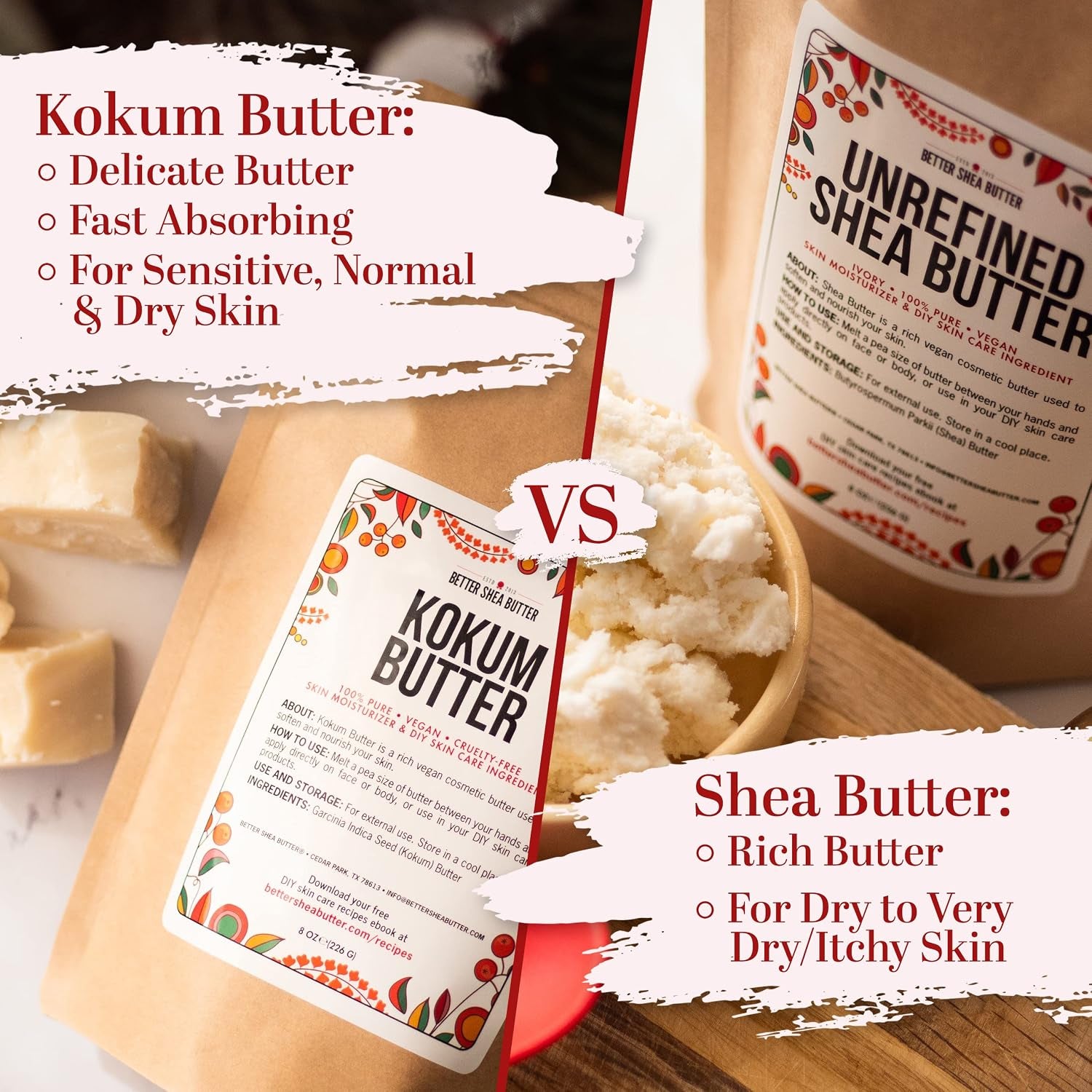 Raw Kokum Butter Unrefined - Body Butter Bar for Soap Making and DIY Skin and Hair Care Products - Pure, Unscented Moisturizer for Lotion Base - 8 Oz Block