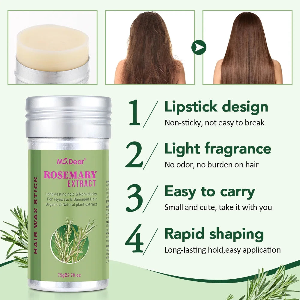 Rosemary Hair Wax Stick Non-Greasy for Styling Flyaways Frizz and Hair Treatment - 2.7 Oz Wax for Edge Control on Wigs and Hair