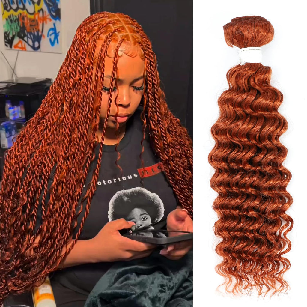 Deep Wave Bulk Hair for Boho Braids, 18" Ginger Orange | 95G Double Machine Weft, 100% Virgin Brazilian Remy, #350 Ginger Orange, Natural Curly Wave, Soft, No Chemical, Tangle-Free