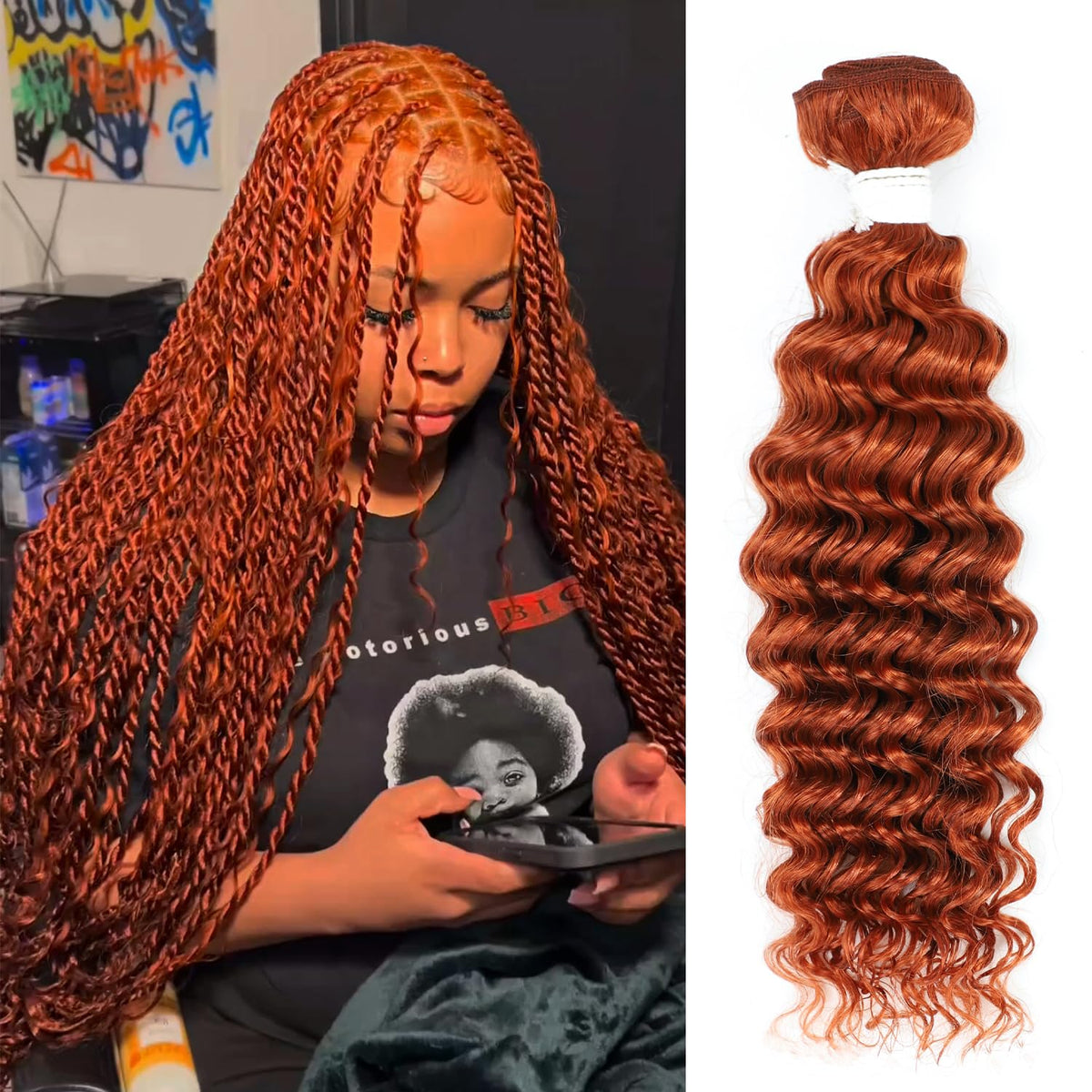 Deep Wave Bulk Hair for Boho Braids, 18" Ginger Orange | 95G Double Machine Weft, 100% Virgin Brazilian Remy, #350 Ginger Orange, Natural Curly Wave, Soft, No Chemical, Tangle-Free