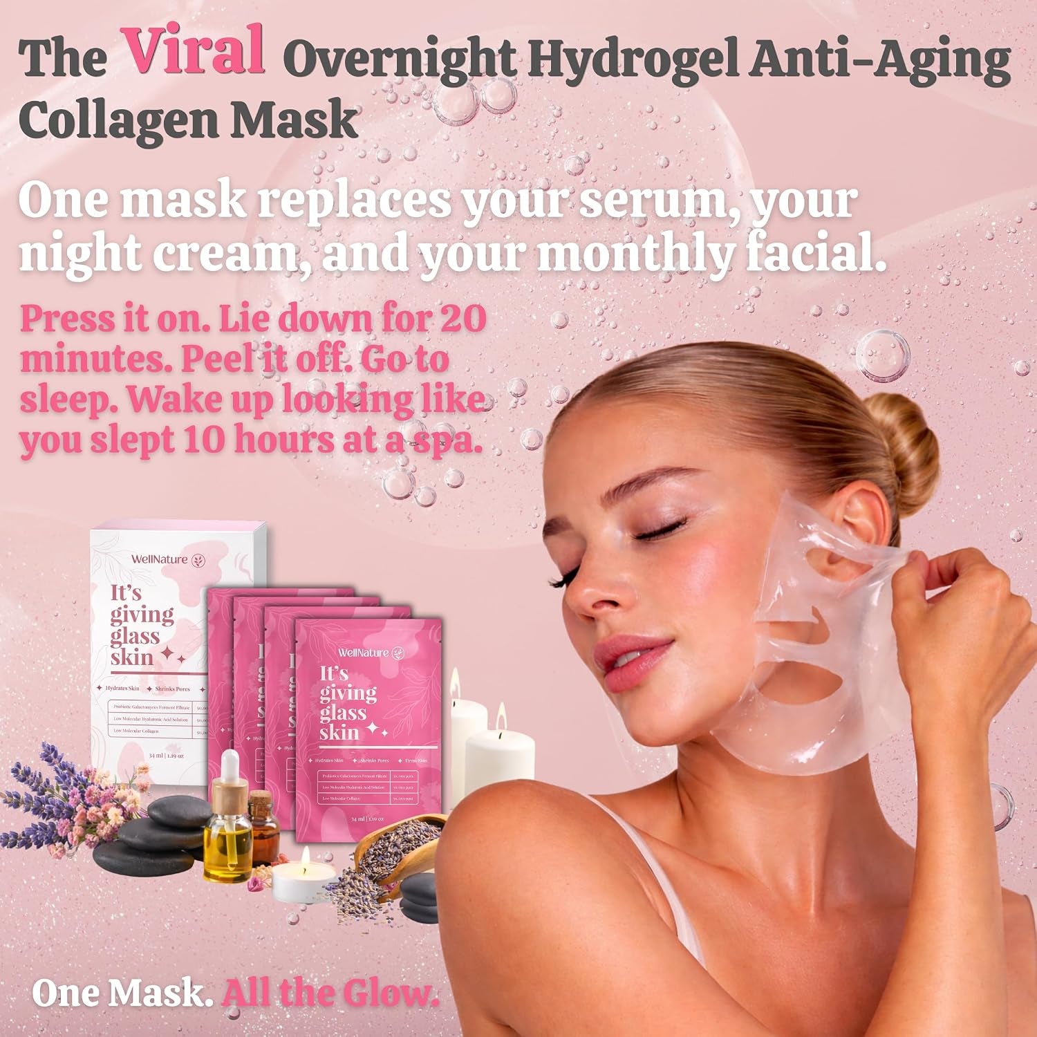 Wellnature Bio-Collagen Overnight Face Mask, Hydrogel Sleeping Mask, Deep Hydration, Oligo Hyaluronic Acid, Glass Skin Treatment, Transparent Mask Skincare Gift Set, Pack of 4