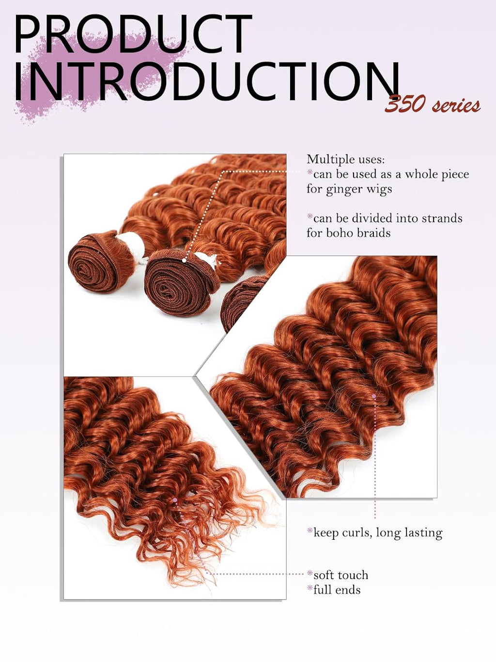 Deep Wave Bulk Hair for Boho Braids, 18" Ginger Orange | 95G Double Machine Weft, 100% Virgin Brazilian Remy, #350 Ginger Orange, Natural Curly Wave, Soft, No Chemical, Tangle-Free