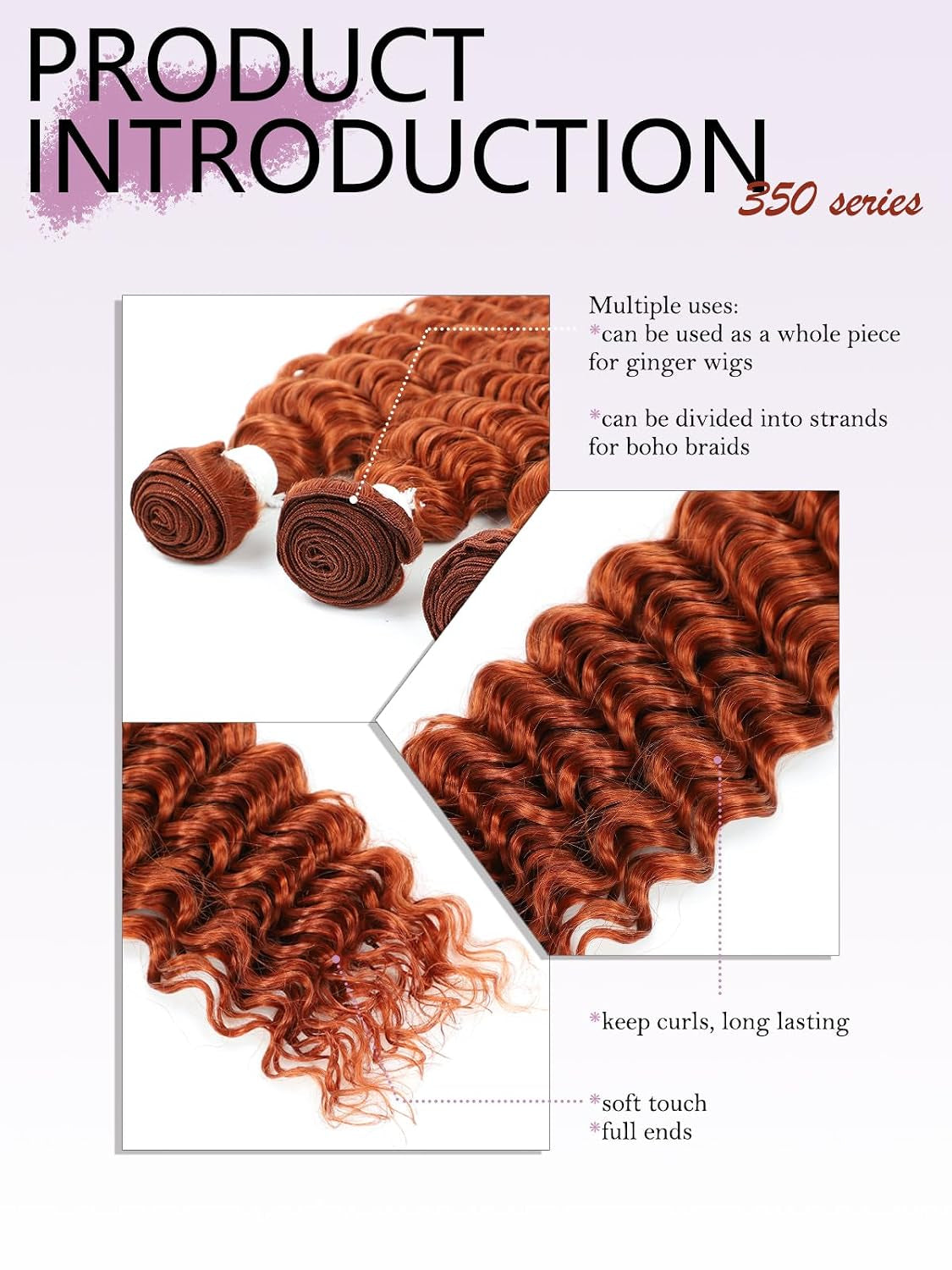 Deep Wave Bulk Hair for Boho Braids, 18" Ginger Orange | 95G Double Machine Weft, 100% Virgin Brazilian Remy, #350 Ginger Orange, Natural Curly Wave, Soft, No Chemical, Tangle-Free