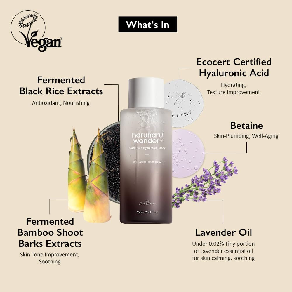Black Rice Hyaluronic Toner, 5.1 Fl.Oz, Lavender Scent, Vegan | Toner for Face, Deep Hydration, Glass Skin, Soothing & Moisturizing, Balance Dehydrated Skin, Cruelty-Free, Korean Skin Care